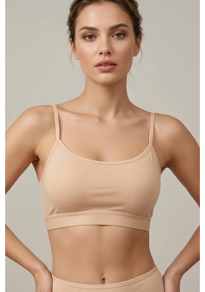Mataş Kadın İnce İp Askılı Pedli Pamuklu Büstiyer Crop Bralette Bej