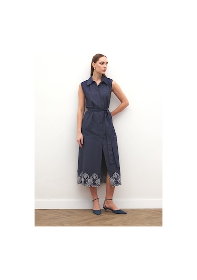 Sateen Nakış Detaylı Uzun Elbise - Lacivert-137169 Lacivert