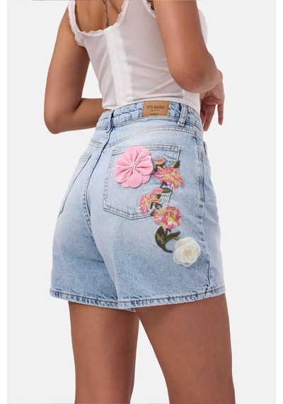 it's basic Kadın Mavi 4s6-3 Mom Relax Gül Ve Nakış Detaylı Özel Tasarım Denim Şort