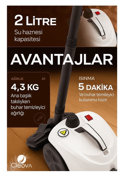 Cleova CLV-4041 2000 W Çok Fonksiyonlu 26 Parça Buharlı Temizleyici Paspas - Buharlı Temizlik Makinası