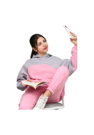 Erdem Kıds Kız Çocuk Paçası Lastikli, Garnili Oversize 3 İplik Şardonlu İçi Pamuklu Eşofman Takımı Pembe-gri Pembe-Gri