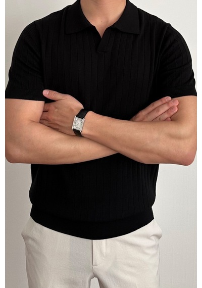 Cool Tarz Erkek Slim Fit Fitilli Polo Yaka Triko T-shirt Siyah Siyah