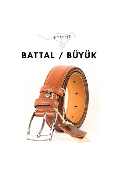 Parscraft Battal Boy / Büyük Beden / Uzun Boy Xxl 3,5 Cm Taba Klasik Erkek Hakiki Deri Kemer
