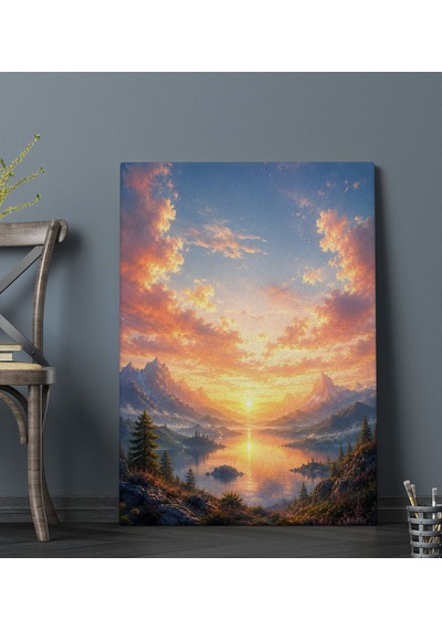 Bk Gift Gün Batımında Dağ Ve Göl Manzarası Turuncu Gökyüzü Doğa Temalı Kanvas Duvar Tablosu 50x70 Cm