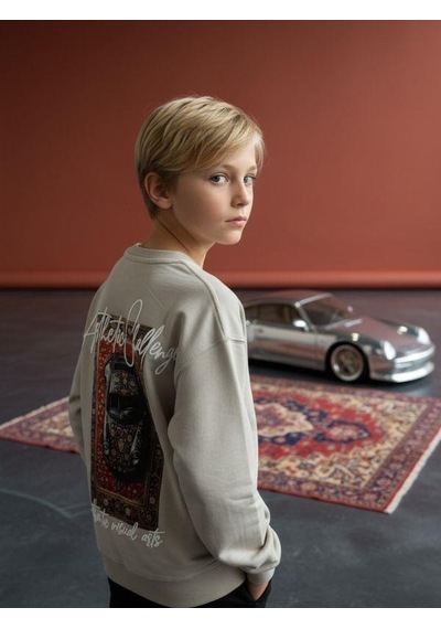 Zekids Erkek Çocuk Sırtı Araba Baskılı Tasarım Sweatshirt-16619 Gri