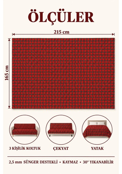 Çok Amaçlı Kadife Koltuk Örtüsü Kaymaz Süngerli 165x215 Cm Modern Bohem Çekyat Şalı Piknik Masa Örtüsü Alk4 Kırmızı
