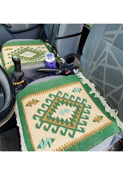 Reversible Oto Koltuk Kilim Seti 3 Parça Makine Dokuma Akrilik & Polyester Saçaklı - Yeşil
