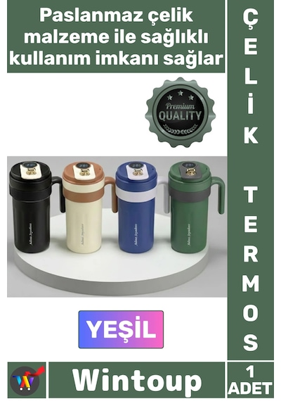 Termos Lüks Isı Sıcak Soğuk Sızdırmaz Akıllı Matara Dijital Göstergeli Kulplu Yeşil Çelik Termos Çok Renkli