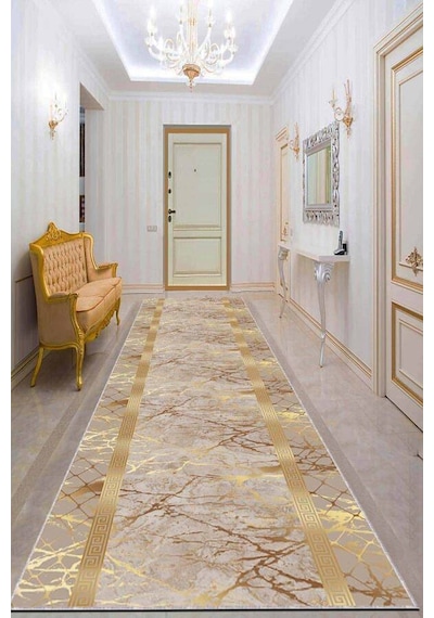 Bej Gold Kaymaz Çerçeveli Kesme Rulo Özel Ölçü Yolluk Ar755n11 Bej - Gold