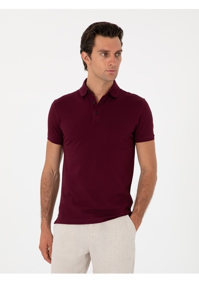 Bordo Slim Fit Polo Yaka Pamuklu Basic T-shirt Kirmizi