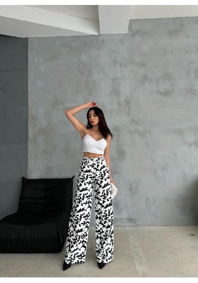 Zeo Basic Baggy Pantolon Beyaz&siyah İnek Desenli Beyaz-siyah