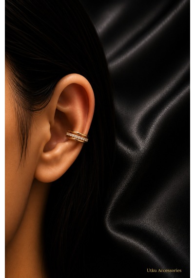 Gold Taşlı Kıkırdak Çelik Küpe Earcuff Altın