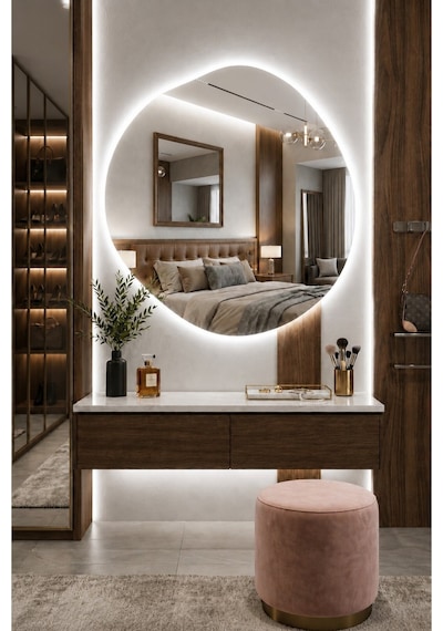 Arya Asimetrik Ledli Ayna Modern Banyo Aynası Şık Tasarım Konsol Aynası Dekoratif Duvar Aynası Beyaz Günışığı Led 60 X 60