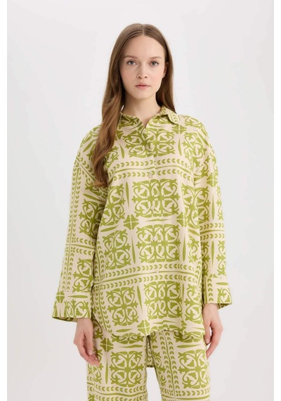 DeFacto Relax Fit Desenliı Keten Karışımlı Uzun Kollu Tesettür Gömlek Tunik D8184AX25SPGN698