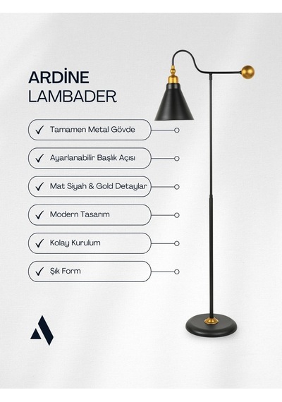 Ardine Ayarlanabilir Siyah Lambader Gold Detaylı Metal Gövde Modern Ve Fonksiyonel Tasarım Gold Siyah