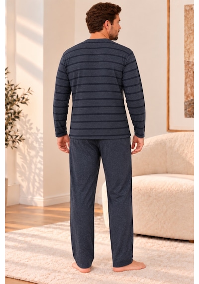 Nisanca Büyük Beden Premium Soft Erkek Pijama Takımı Yumuşacık Dokulu Uzun Kollu Düğmeli Yaka Çizgili Kışlık Pijama Lacivert