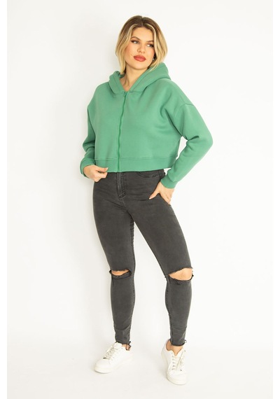 Şans Kadın Yeşil 3 İplik Polar Ön Fermuarlı Kapşonlu Sweatshirt 65n35050-yeşil Yeşil
