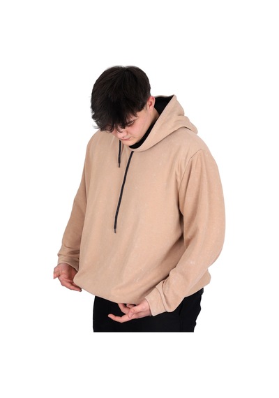 Mode Xl Büyük Beden Erkek Kapüşonlu Sweatshirt Asit Yıkama Interlok U24167 Bej Bej