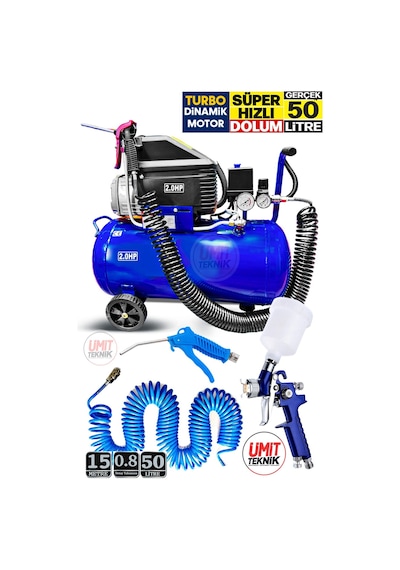 Bakır Sargı Motor Gölge Detay Tabancası 50lt 2 Hp 1500 W Süper Hızlı Dolum Hava Kompresörü Boya Set