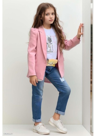 Riccotarz Kız Çocuk Üzeri Harf Pulpayet Tişört Ve Jean Pudra Blazer Ceket Alt Üst Takım Pudra