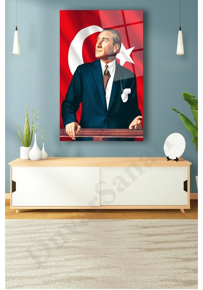 Mustafa Kemal Atatürk Ve Türk Bayrağı Dikey Cam Tablo Modern Ev Ofis Salon Hediyelik Büyük Tablo