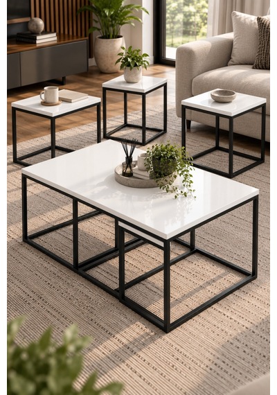 Sulorahome 4'lü Beyaz Orta Sehpa Ve Zigon Sehpa Seti Metal Ayaklı