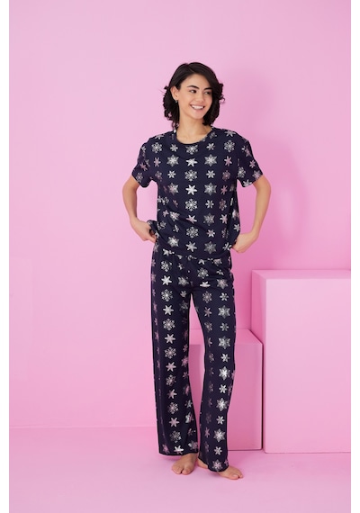 Siyah İnci Örme Pijama Takım7845 Lacivert Kar Tanesi