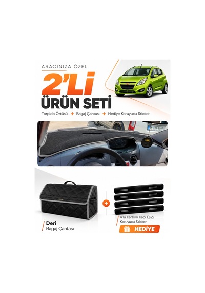 Chevrolet Spark 2009-2015 Uyumlu Torpido Örtüsü + Deri Bagaj Çantası + Sticker Seti - Siyah Gri