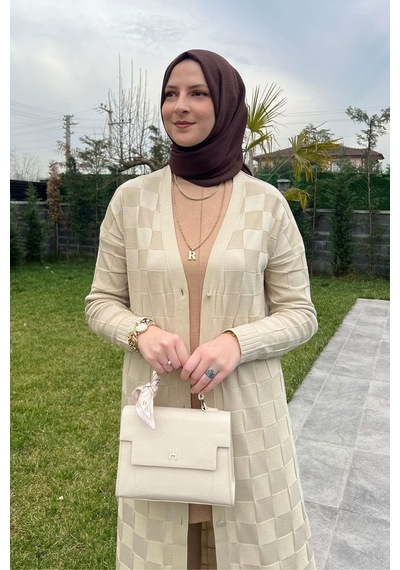 Rabia Şamlı Dama Desenli Taş Triko Hırka Çok Renkli