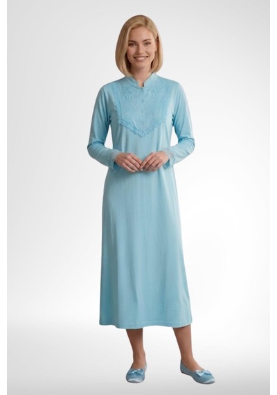 Mecit Pijama Mecit 6376 Turkuaz Kadın %100 Pamuk Uzun Kollu Gecelik