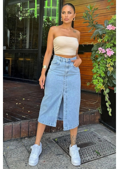 Açık Mavi Cepli Yırtmaçlı Uzun Denim Etek