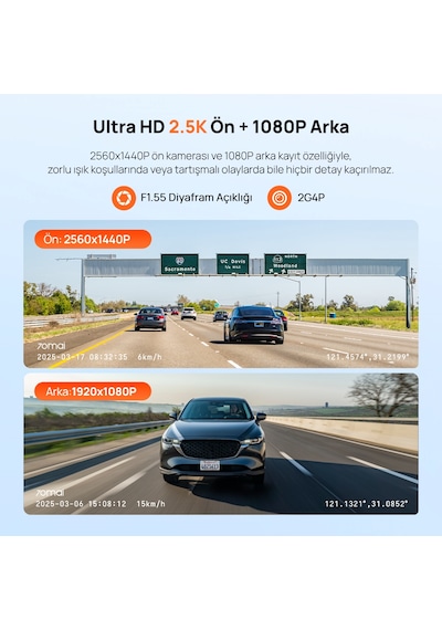 70mai Araç Kamerası A410 Ön Kamera+ Rc21 Arka Kamera Set 2.5k + 1080p Çift Kamera