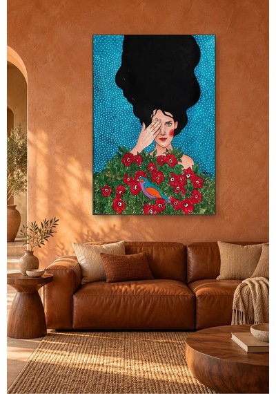 Fida Gözünü Eliyle Kapatan Kız Ve Kırmızı Güller Canvas Tablo Çok Renkli