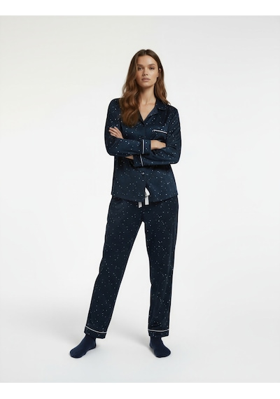 Koton Rahat Kalıp Uzun Kollu Gömlek Yaka Yıldızlı Kadife Pijama Üstü Lacivert Desenli 6wlk40172mk Lacivert Desenli