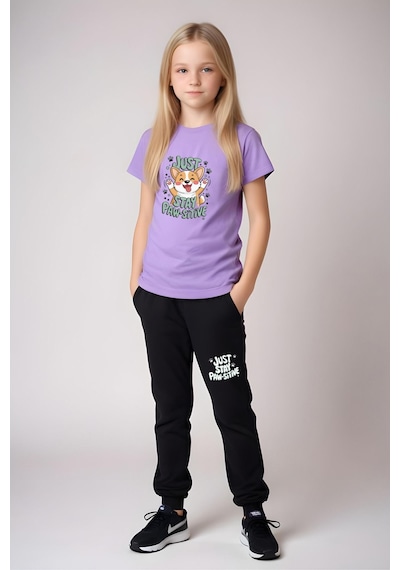 Panios Kids Just Stay Paw Baskılı Kız Çocuk Tişört Ve Eşofman Alt-üst Takım Lila