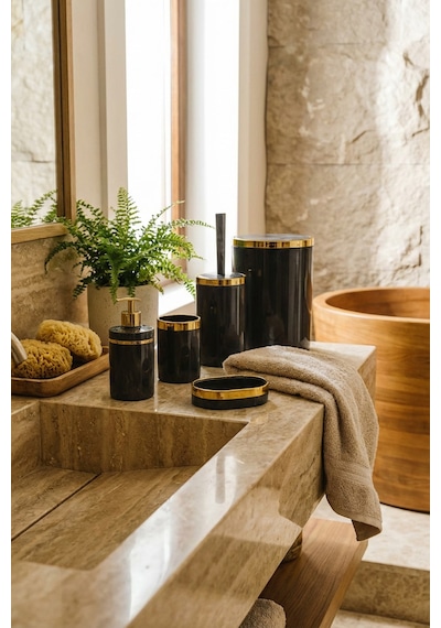 Makri Home 5 Parça Akrilik Banyo Seti, Şık Ve Kaliteli Akrilik, Altın Renk Detaylı, Gri Mermer Desen Gri