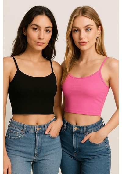 Kadın 2'li Paket Pembe Siyah Kısa Crop İp Askılı Krop Bluz Büstiyer Çok Renkli