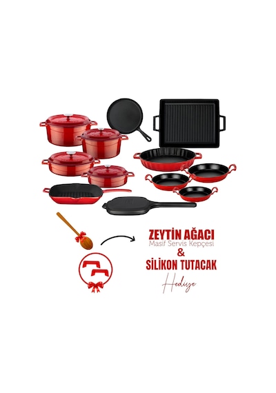 Lava Döküm 12x Trendy Serisi 17 Parça Tencere & Tava Seti Kırmızı