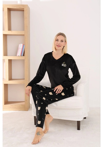 Pijamoni Kadın Fransız Kumaş V Yaka Ayıcık Baskılı Siyah Pijama Takımı Siyah