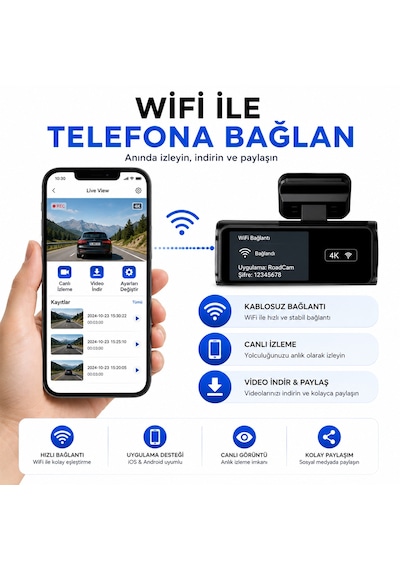 Hpytech 4k Ultra Hd Mini Araç Kamerası Ön Ve Arka Çift Kameralı Wifi Gps Destekli Gece Görüşlü 64gb Hafıza Kartlı G-sensörlü Araç İçi Kamera