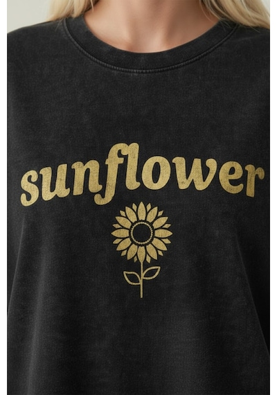 Technomonkey Sunflower Baskılı Yıkamalı Retro Unisex Tişört Siyah
