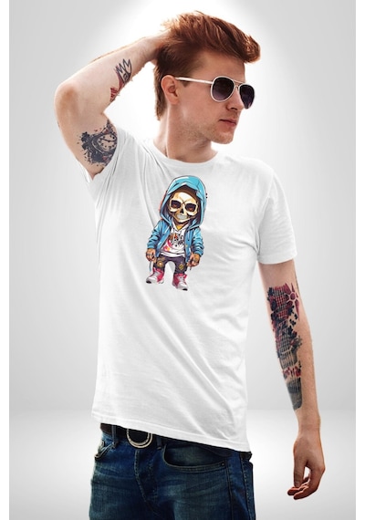 Hiphop Kurukafa Hoodie Unisex Unisex Beyaz Organik Baskılı T-shirt Penye Yüksek Kalite Beyaz