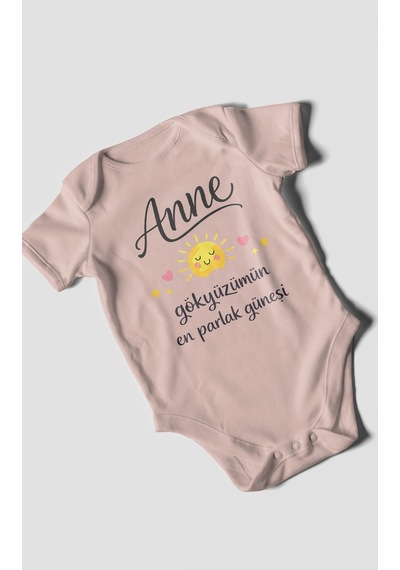 Morivokids Anne, Gökyüzümün En Parlak Güneşi Kısa Kollu Bebek Body Pastel Pembe