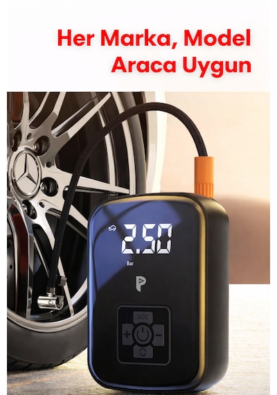 Wy-006 Kablosuz Dijital Hava Kompresörü 150 Psı Taşınabilir Şarjlı Lastik Şişirme Pompası Led Işıklı 1 Adet