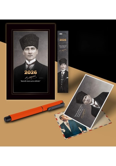2026 Kalpaklı Atatürk Ajandası Ayraç Kartpostal Kalem - Turuncu 103 Ivory
