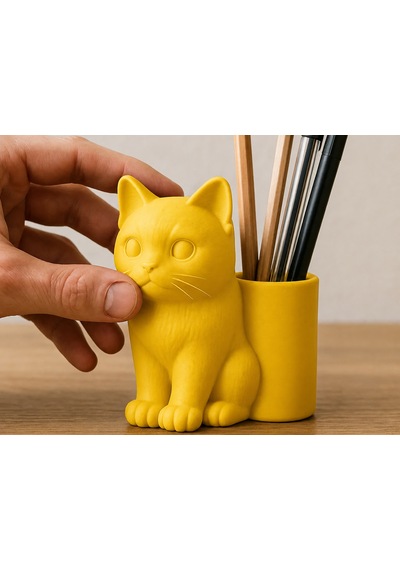 3d Baskı Kedi Figürlü Kalemlik - Masaüstü Organizer - Sarı Çok Renkli