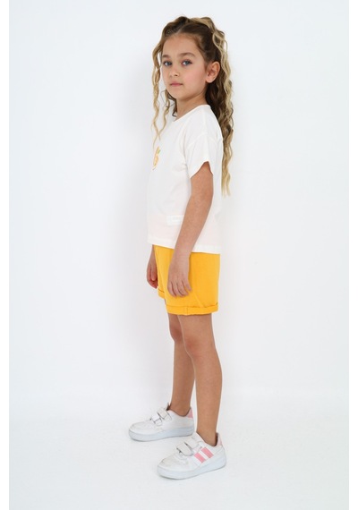 Toontoy Kids Toontoy Kız Çocuk 2'li Takım Baskılı Bisiklet Yaka T-shirt & Beli Lastikli Şort Ekru