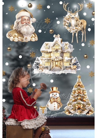 Gold Yılbaşı Seti, Yeni Yıl Yılbaşı Kış Konseptli Yılbaşı Süsü Sticker Seti Noel Baba Ağaçlar Evler Dijital Baskı