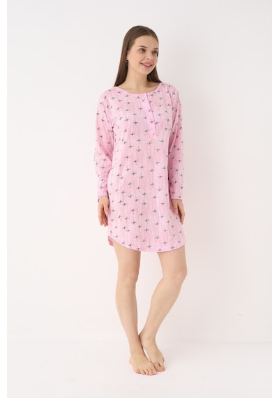 Yasar Underwear Kadın %100 Pamuk Desenli Uzun Kollu Yarım Pat Düğmeli Rahat Kesim Gecelik Pembe Pembe