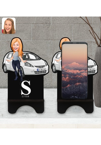Kişiye Özel Plakalı Kadın Honda Jazz Karikatürlü Ahşap Biblo Tele